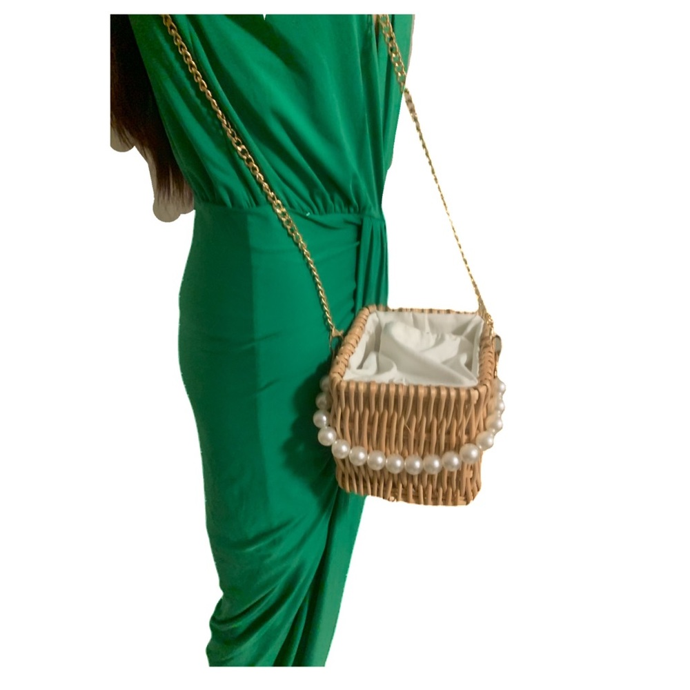 1 left! Faux Pearl Rattan Khaki Small Bucket Bag - Picture 3 of 16